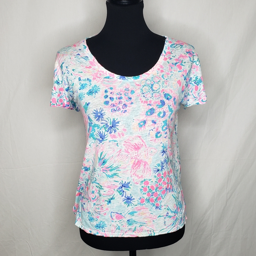 Lilly Pulitzer Inara 100% Linen Floral Vibrant Shirt Top Size M Beachy Coastal - Picture 2 of 15